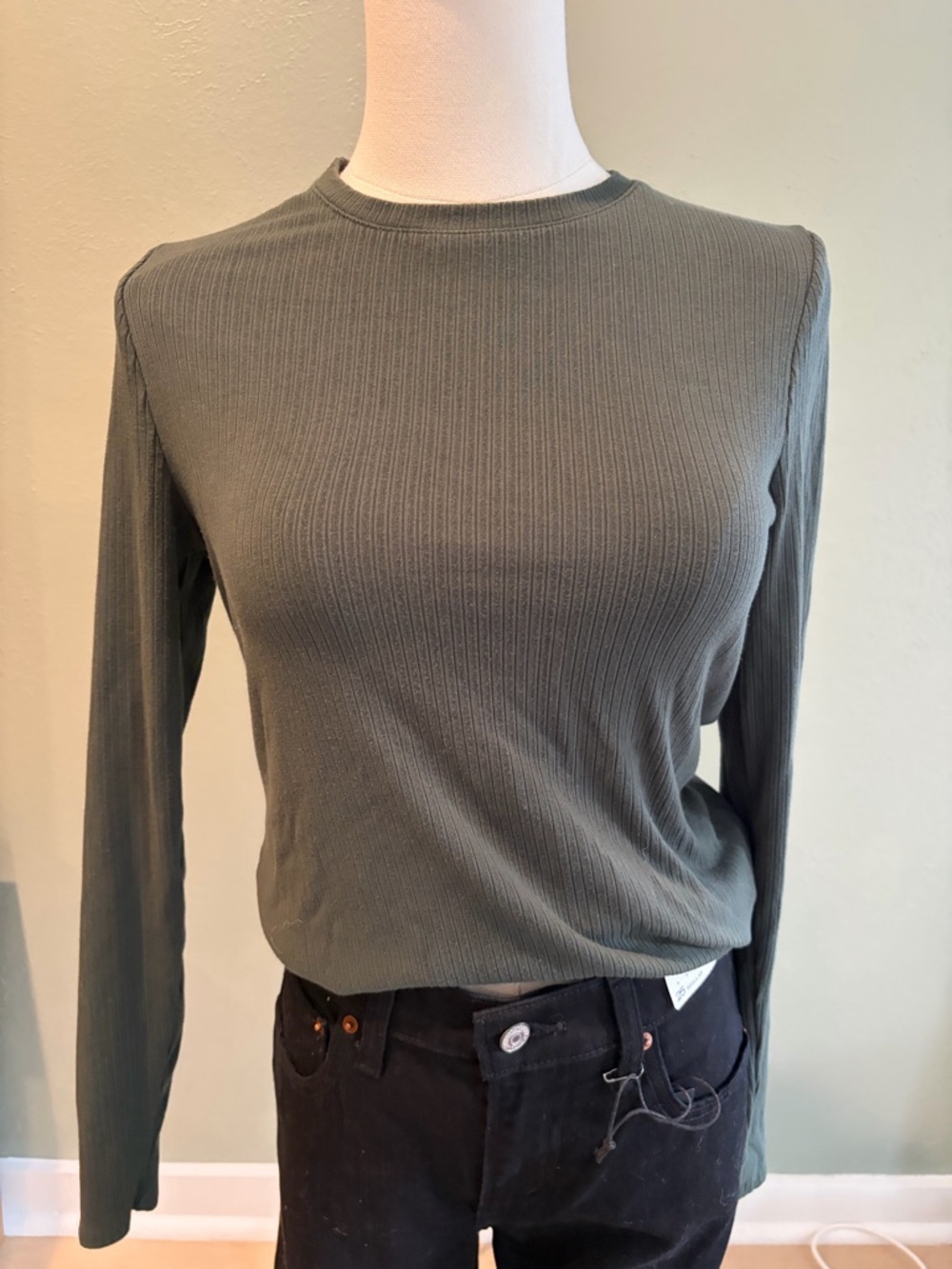 Splendid Olive Ribbed Long-Sleeve Crewneck Top